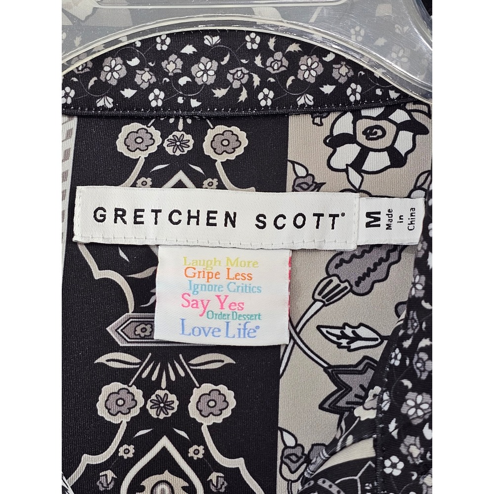 Gretchen Scott Tunic Dress Womens Medium Black Floral 3/4 Sleeve Stretch Shift - Picture 2 of 4